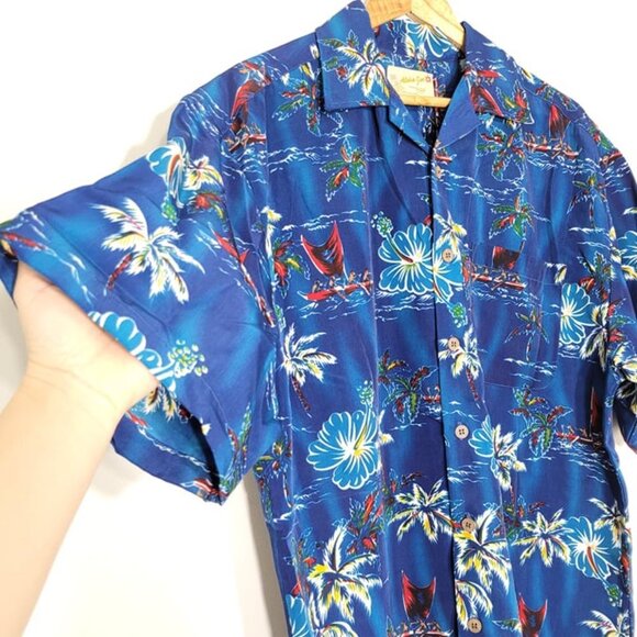 Aloha Joe Vintage Blue Hawaiian Print Short Sleeve Y2K Button-Down Casual Shirt - Picture 7 of 16